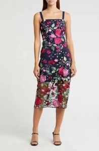 Vestido midi Sam Edelman azul marino floral bordado talla 10 nuevo con etiqueta - Imagen 1 de 4