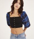 UO Belmont Plaid Puff Sleeve Cropped Top Size Small