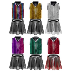 Kids Girls 2 Piece Cheerleading Set Dance Metallic Plaid Tops with Skirts Skorts - Picture 1 of 58