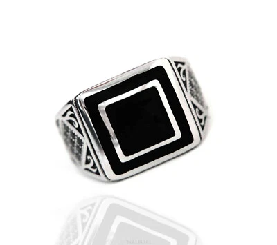 anello tutto argento 925 scudo chevalier nero quadrato zirconi laterali uomo - Immagine 1 di 4