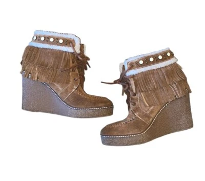 Botas de cuña Sam Edelman Kemper talla 8,5 para mujer marrón gamuza flecos atar al tobillo Foto 1 de 4