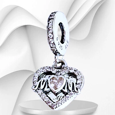 Pandora Corazón y Mamá Cuelga Dije con Circonita Rosa y Cristales # 799402C01 VENDEDOR DE EE. UU. Foto 1 de 4
