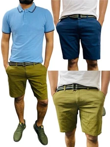 Mens Stretch Chino Belt Shorts Cotton Summer Half Pant Casual Walk Running 32-03 - Picture 1 of 19