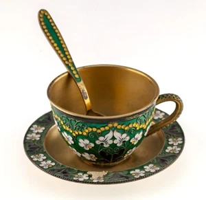 Soviet Russian Gilt 916 Silver Enamel Cloissone Tea Cup, Saucer, and Spoon 1950s - Picture 1 of 7