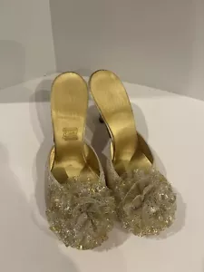 Vintage Daniel Green Comfy Gold Tulle Pompom Boudoir Slipper high Heel B55 USA - Picture 1 of 10