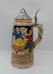 Vintage German MUSICAL BEER CERAMIC Stein With PEWTER LID MOVEMENT MUSIC BOX - Picture 1 of 10