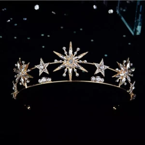 Vintage Deco Gold Stars Tiara Princess Queen gift bridal real metal cosplay diad - Picture 1 of 2