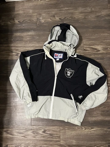 VTG Oakland Raiders Windbreaker Men Zip Black Logo Athletic Size M Cover