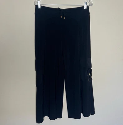 Joseph Ribkoff Pants Womens 8 Black Pull On Cropped Slit Hem Pant Pockets Ties - Image 1 of 4
