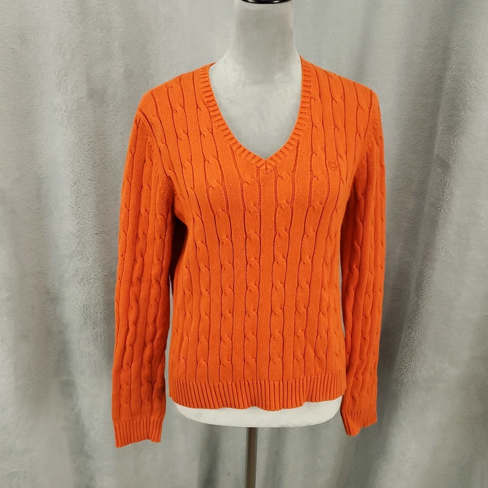Suéter Chaps Mujer Grande Naranja Tejido con Cable Grueso Cuello en V Pullover Foto 1 de 4