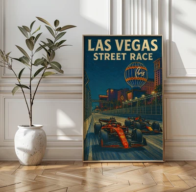 Las Vegas Street Race Poster – Formula Car Art Print, Neon Vegas Strip - Image 1 of 4