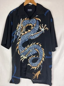 Vtg KAD Clothing Short Sleeve Button Up Shirt Dragon Mens Large Black FLAWS - Picture 1 of 11