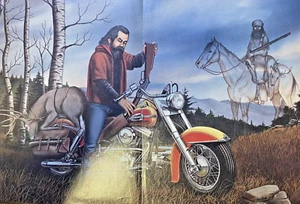 David Mann Poster Hunter on Motorcycle With Mountain Man in Background - Picture 1 of 1