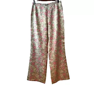 Ann Taylor Womens Cream Pink Floral 100% Silk Straight Side Zip Pants Size 6 - Picture 1 of 9
