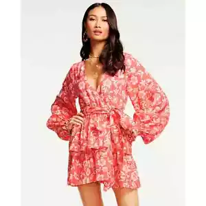 NWT Ramy Brook Jolie Tiered Wrap Mini Dress Sz S Pink Printed Puff Sleeve - Picture 1 of 6