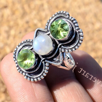 Piedra lunar arco iris genuina y corte peridoto plata de ley 925 regalo para el día del padre Foto 1 de 4