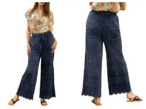 NWT Karyn Seo Geometric Eyelet Hem Wide Leg Pants Denim Blue SM - Picture 1 of 1