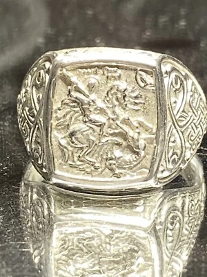 Anel de prata esterlina masculino religioso católico ortodoxo sinete São Jorge tamanho 10 - Imagem 1 de 4
