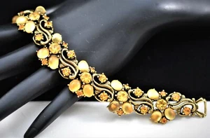 VINTAGE SIGNED 7" FLORENZA GOLD MOONSTONE RHINESTONES GOLDTONE BRACELET D13 - Picture 1 of 3