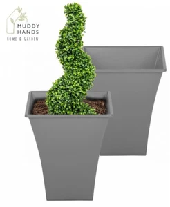 2 x Grey Large Plant Pots Indoor Outdoor Garden Tall Plastic Flower Planters - Picture 1 of 2