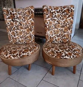2 Vintage Mid Century Antique Art DECO CHAIR Floral Gold Low To Ground Bed Livin - Picture 1 of 9