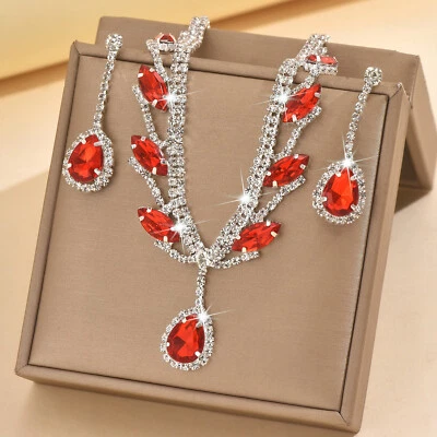 Red/Blue/Black Rhinestone Oval Teardrop Necklace Earrings Jewelry Set - Image 1 of 4