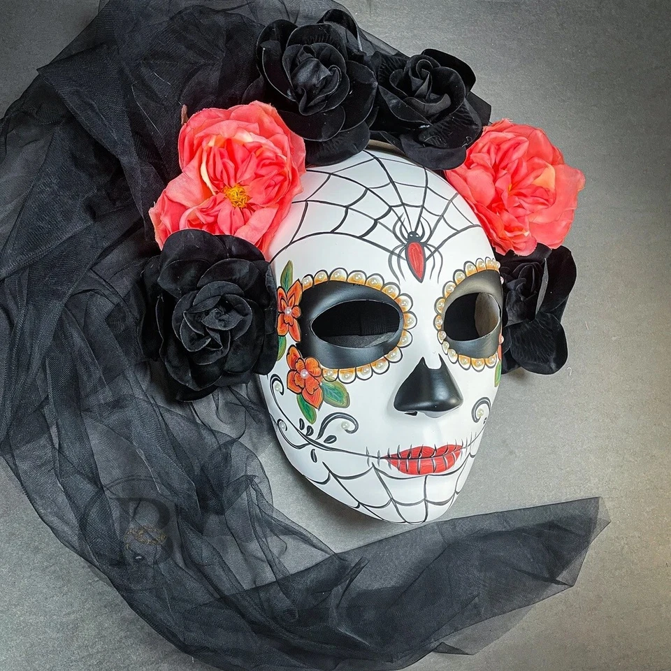 Day of the Dead Dia de los Muertos Full Face Masquerade Mask with Black Veil - Image 1 of 3