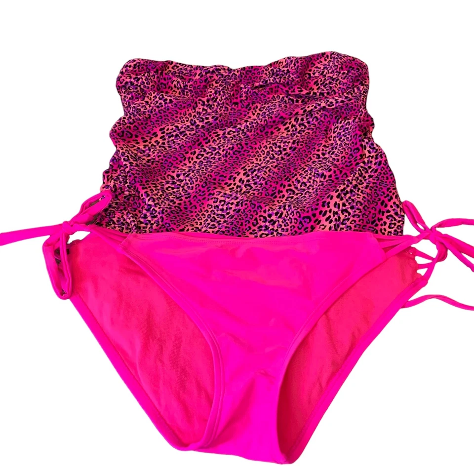 Conjunto de natação Bongo 2 peças feminino grande estampa de leopardo rosa sem alças - Imagem 1 de 4