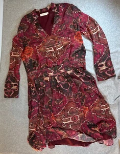 Tory Burch 100% silk aztec pleated colorful midi long sleeve dress size 10 - Picture 1 of 13