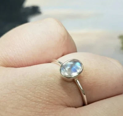 Natural Oval Rainbow Moonstone Gemstone 925 Sterling Silver Ring, Gift Ring - Image 1 of 4