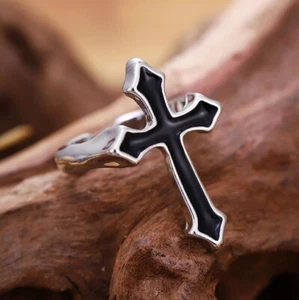 Black Cross Ring Adjustable Costume Vampire Gothic Halloween Dracula Goth Rocker - Picture 1 of 3