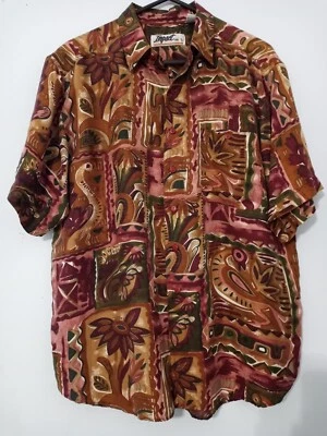 Impact 100% Silk Shirt Washable L Brown Geometric Print RN81029 Boho Button Up - Image 1 of 4