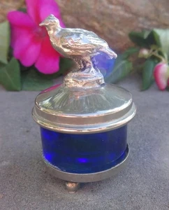 Kobaltglas offen Salz Dip, Keller, Schale mit silbernen Akzenten, kleiner Vogel auf Deckel! - Bild 1 von 3
