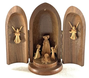 *AS IS* Wood Hand Carved Religious Nativity Germany Bullet Mini Triptych 3.5” - Picture 1 of 4