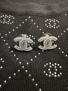 Auth Chanel Silver Tone Crystal White Small Double CC Hoop Earrings VERY NICE - Picture 1 of 5