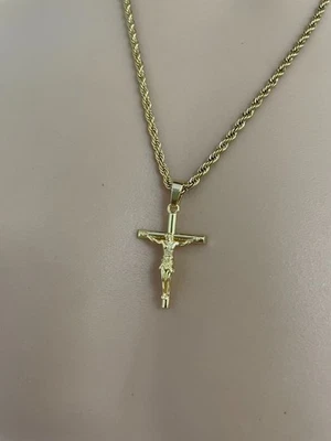Colgante Cruz Sólida Real Chapado en Oro 18K Collar Jesucristo Plata Esterlina Foto 1 de 4