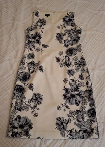 Talbots Size 8 Floral Sleeveless V-Neck Sheath Dress Ivory & Grey Lined Back Zip - Picture 1 of 14