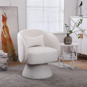 Modern Upholstered Swivel Accent Chair Round Barrel Armchair Living Room White - Picture 1 of 9