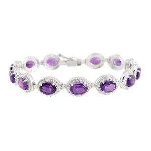 Oval Cut Purple Amethyst Gemstone Sterling Silver Tennis Bracelet 7" inches - Picture 1 of 6
