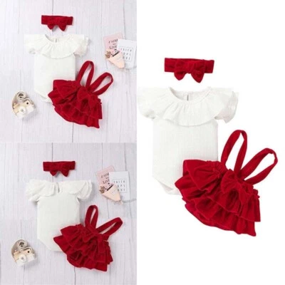 3PCS Newborn Baby Girl Outfit Ruffle Romper Tops Velvet Dress Infant Clothes Set - Image 1 of 4