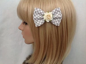 Grey white polka dot rose hair bow clip rockabilly pin up girl vintage chic - Picture 1 of 1