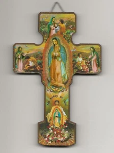 Katholisches Holz Kruzifix Wandkreuz Goldrand 5 Zoll Juan Diego Unsere Liebe Frau Guadalupe - Bild 1 von 4