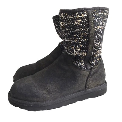 "Botas UGG Lyla para mujer talla 6 negras/doradas gamuza cuero lentejuelas tejidas caña superior 8""" Foto 1 de 4