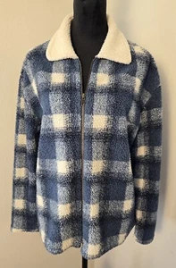 Crossroads Womens Blue Plaid Sherpa Zip Jacket Large Made in USA Warm Cozy - Picture 1 of 12