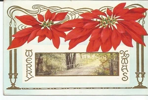 Frohe Weihnachten Weihnachtsstern Kerzen Landstraße Weihnachten 1913 Postkarte Vintage - Bild 1 von 2