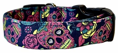 Hot Pink Sugar Skulls On Dark Blue Handmade Dog Collar