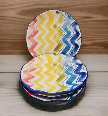 Anthropologie Dessert Plates Set Of 4 Ceramic Ruffle Edge ZigZag Chevron Pottery - Image 1 of 4