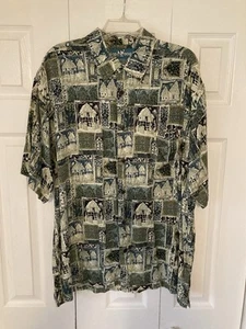 Vintage Big Dogs Hawaiian Button up Shirt Size Large Tiki Beach Hut Tan - Picture 1 of 8