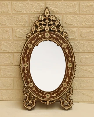 24" H Handmade Moroccan Mother of Pearl Inlaid Wall Hanging Wood Mirror Frame - Photo 1/4