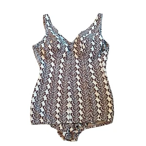 Costume da bagno vintage pezzo unico in maglia con reggiseno incorporato crema e marrone fantasia floreale - Foto 1 di 14
